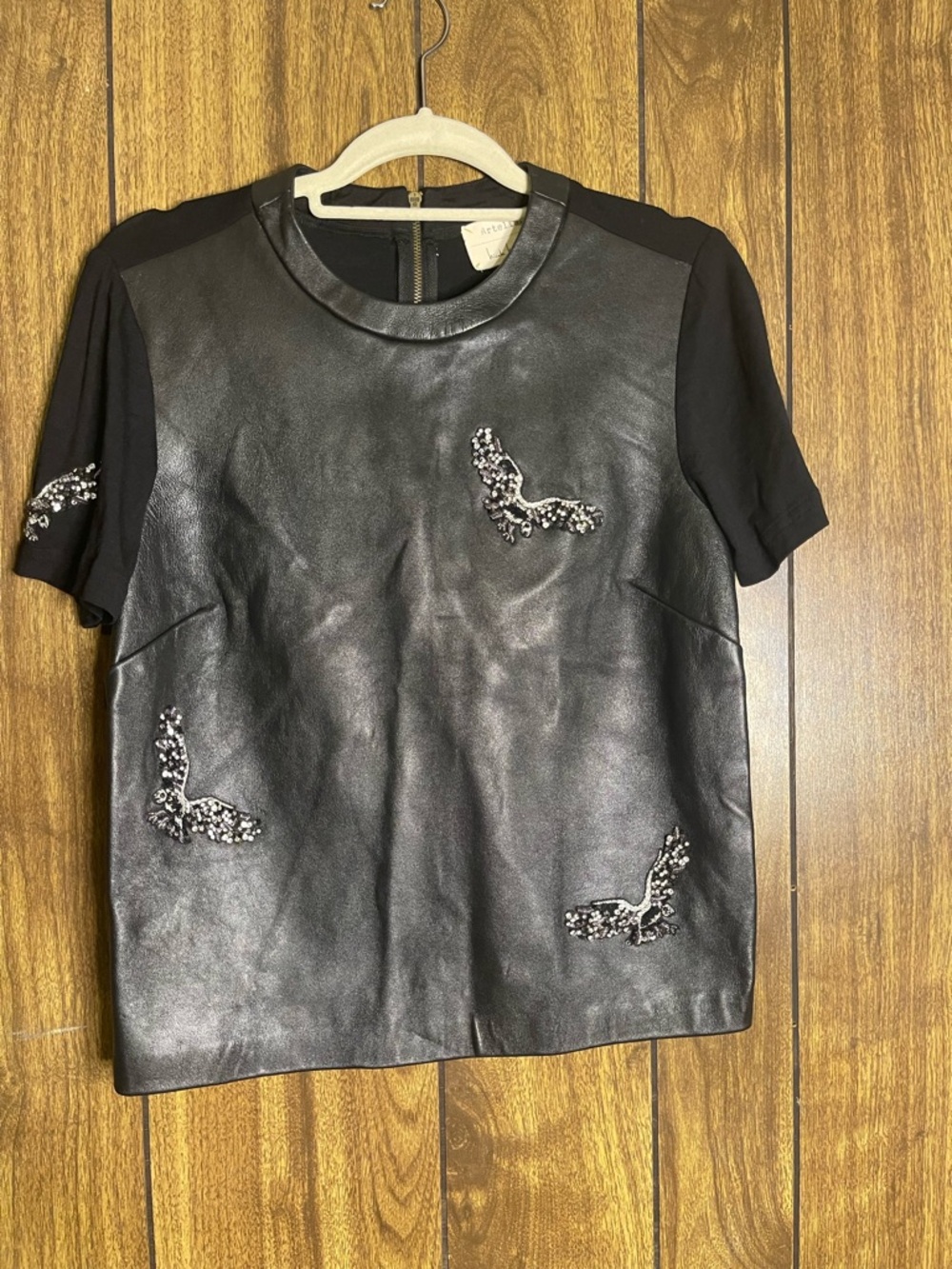 Black Faux-Leather Short Sleeve Tee with Crystal Embellishments